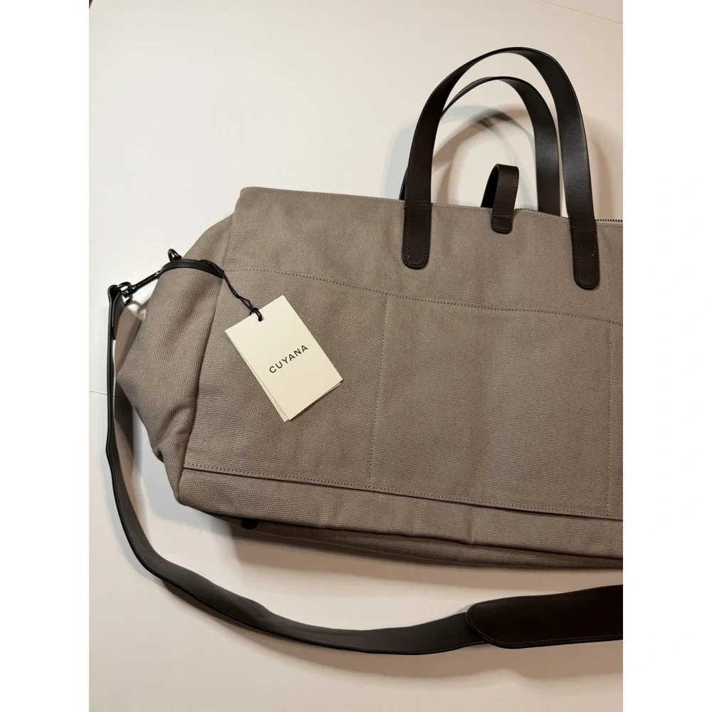 Cuyana Mens Triple Zipper Weekender Canvas/Leather Trim Travel Brown Bag